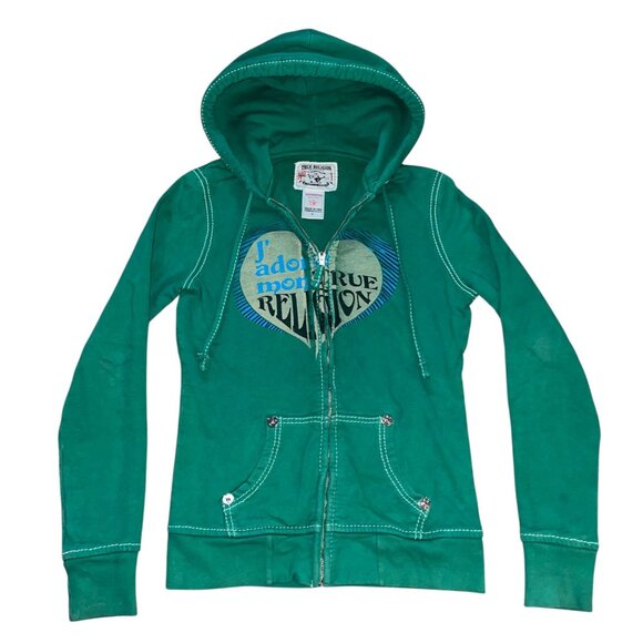 Y2K True Religion J'adore Full Zip Classic Hoodie Made in USA WMNS Size Medium - Picture 1 of 9